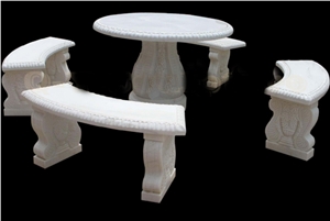 Stone Benches With Wood Surface And Wood Back