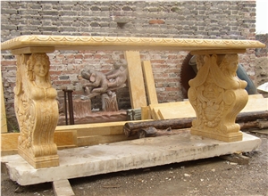 Stone Benches With Wood Surface And Wood Back
