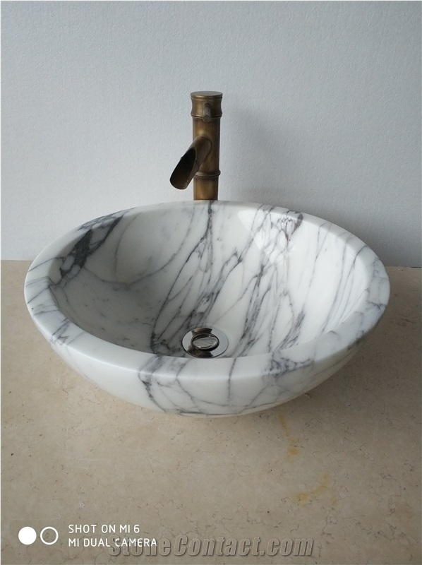 Unique Carrara White Marble Bathroom Round Sinks