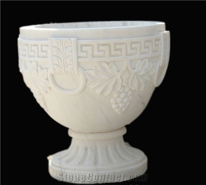 White Marble Round Hand Carved Relief Flower Pot & Planters