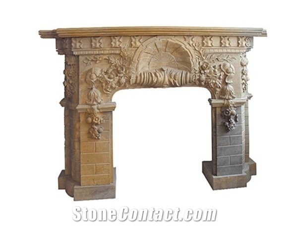 Yellow Beige Limestone Handcraft Carving Fireplace