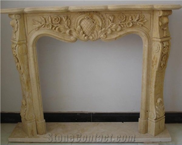 Yellow Beige Limestone Handcraft Carving Fireplace