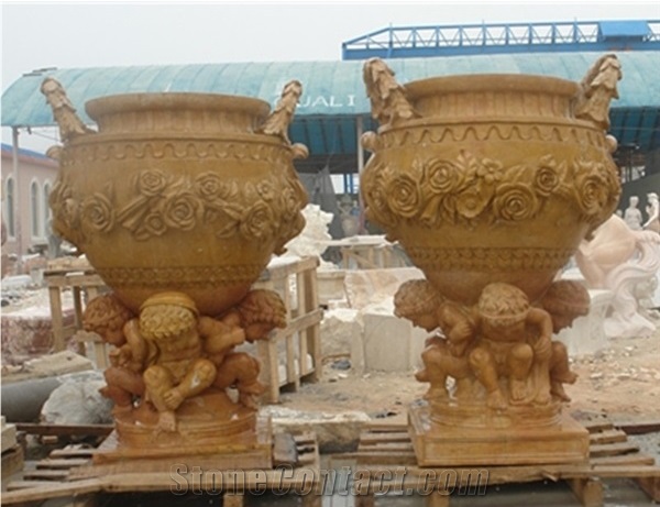 Yellow Travertine Polished Flower Pots & Planters