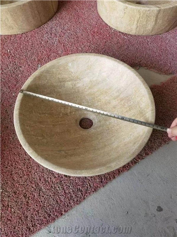 Round Beige Travertine Vessel Sink Wash Basin