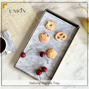 UNION DECO White Marble Tray With Metal Edge For Fruit Food