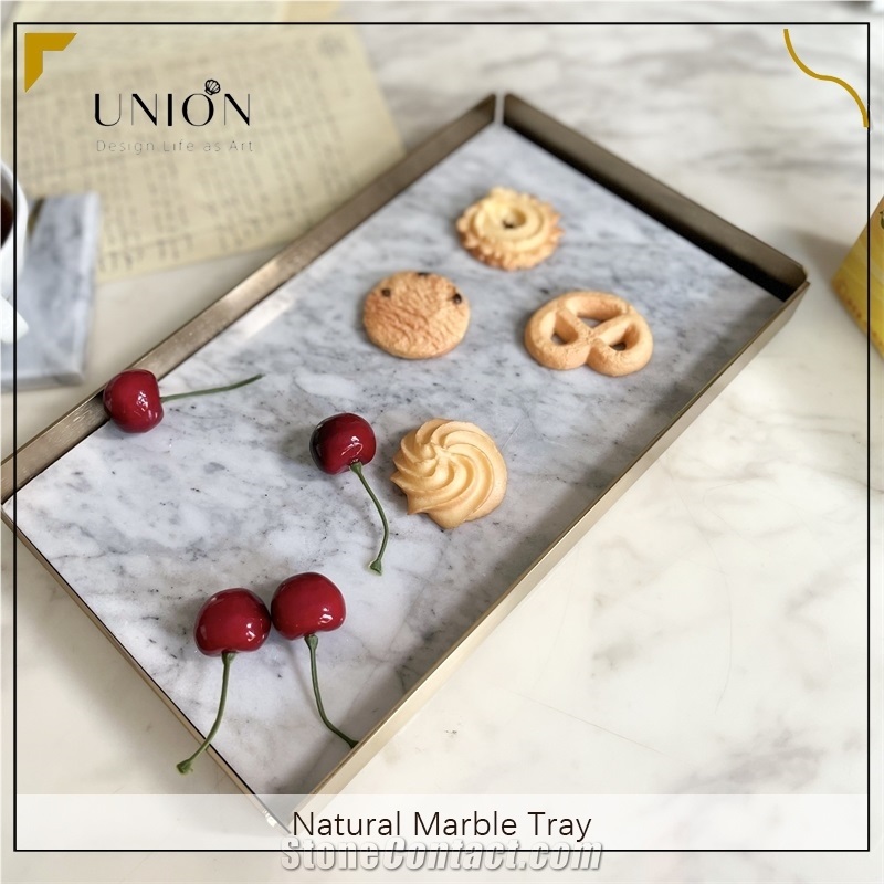 UNION DECO White Marble Tray With Metal Edge For Fruit Food