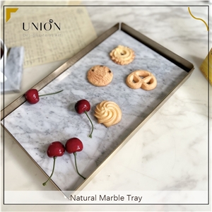 UNION DECO White Marble Tray With Metal Edge For Fruit Food