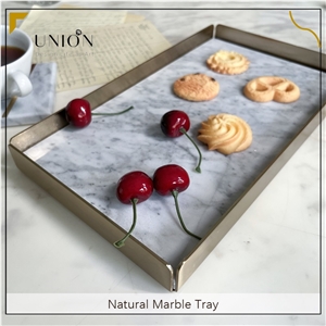 UNION DECO White Marble Tray With Metal Edge For Fruit Food