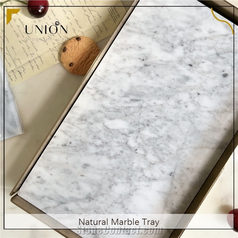 UNION DECO White Marble Tray With Metal Edge For Fruit Food