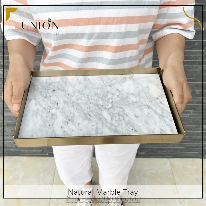 UNION DECO White Marble Tray With Metal Edge For Fruit Food