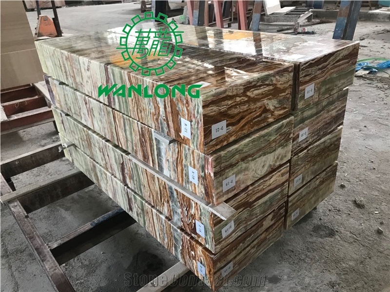 Backlit Bamboo Green Onyx Glass Backer For Stair Step