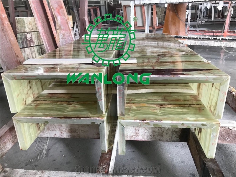 Backlit Bamboo Green Onyx Glass Backer For Stair Step