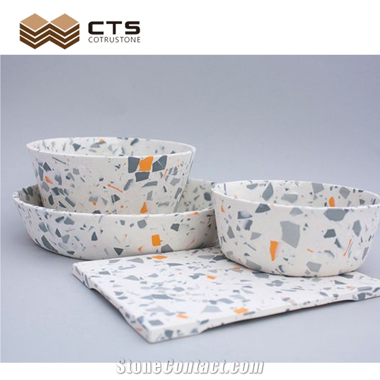Terrazzo Artificial Stone White Pet Bowl Colorful Particle
