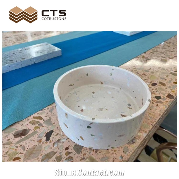 Terrazzo Artificial Stone White Pet Bowl Colorful Particle