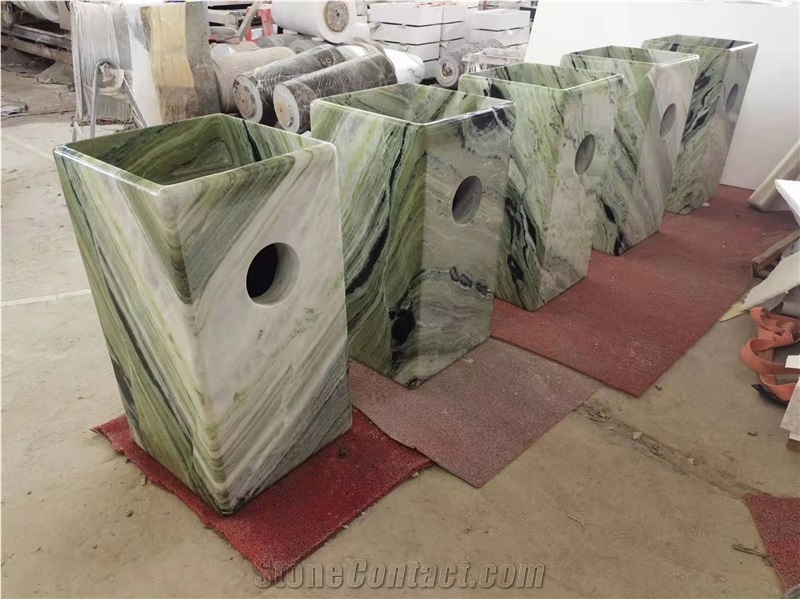 Freestanding Pedestal Square Sink Green Marble
