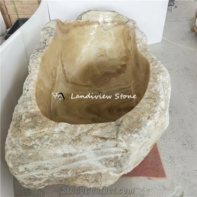 Luxury Yellow Onyx Carved Stone Bathtub