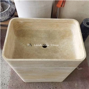 Natural Stone Sink Beige Travertine Free Standing Wash Basin