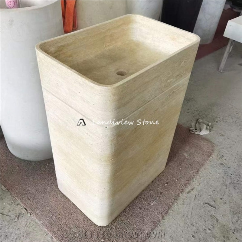 Natural Stone Sink Beige Travertine Free Standing Wash Basin