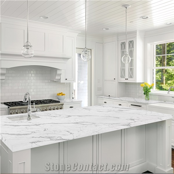5007 Calacatta Quartz Bookmatched Stone Kitchen Cabinet