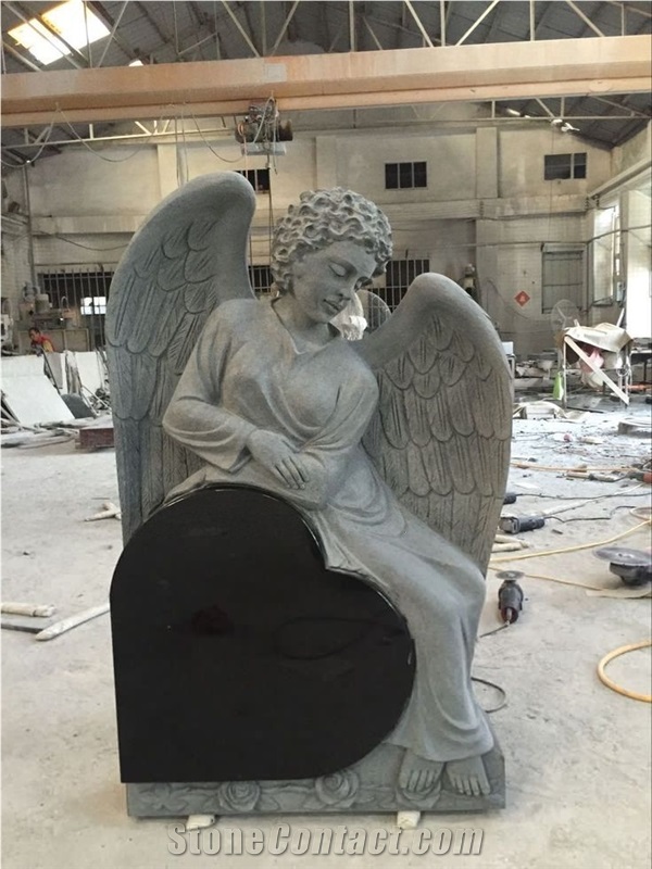Carved Stone Angel Monument Black Granite Heart Tombstone
