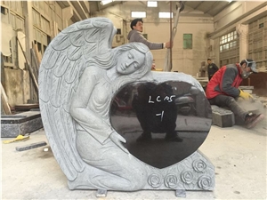 Carving Sitting Black Granite Angel Monument Art Tombstone
