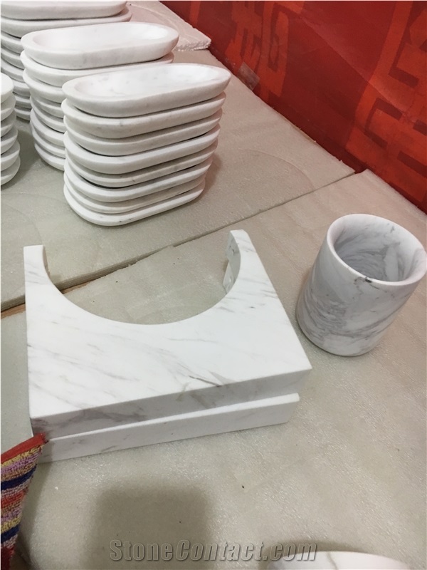 Stone Bath Canister Marble Statuario Towel Rack Paper Holder
