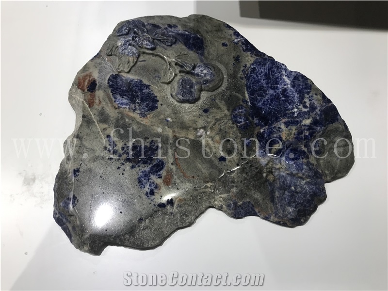 Sodalite Blue Granite Lotus Tea Tray Handcrafts Luxury