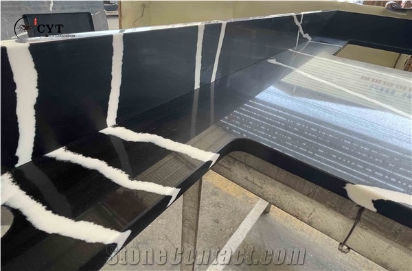 30Mm Black Artificial Quartz Stone Prefab Kitchen Countertop