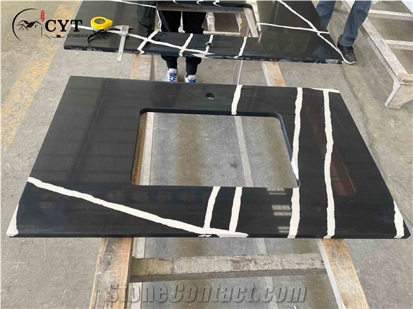 30Mm Black Artificial Quartz Stone Prefab Kitchen Countertop
