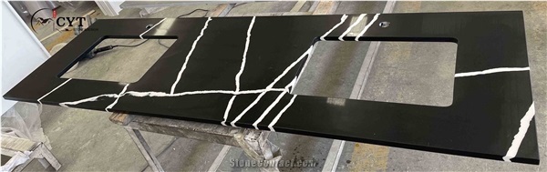 30Mm Black Artificial Quartz Stone Prefab Kitchen Countertop