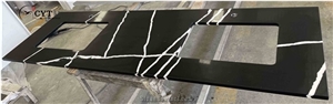 30Mm Black Artificial Quartz Stone Prefab Kitchen Countertop