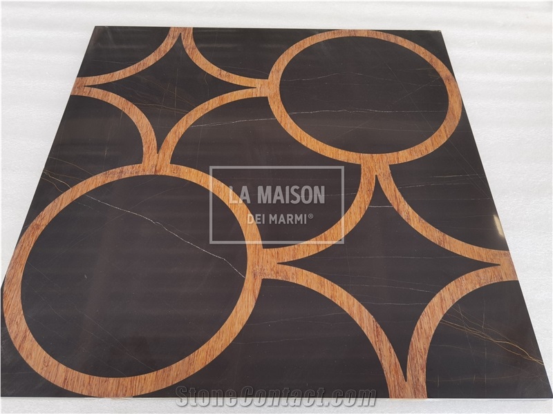 Black Marble Inlay Wood Waterjet Medallion For Interior
