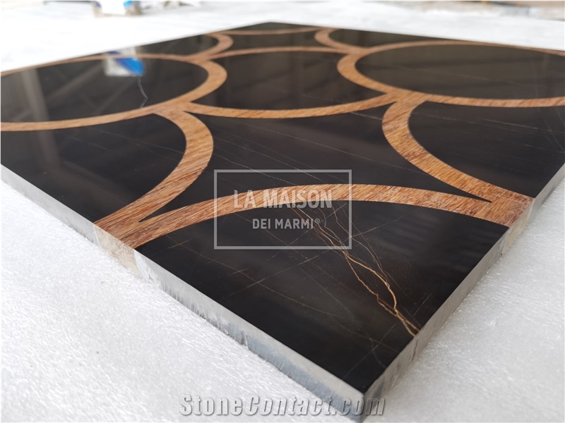 Black Marble Inlay Wood Waterjet Medallion For Interior