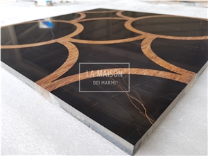 Black Marble Inlay Wood Waterjet Medallion For Interior