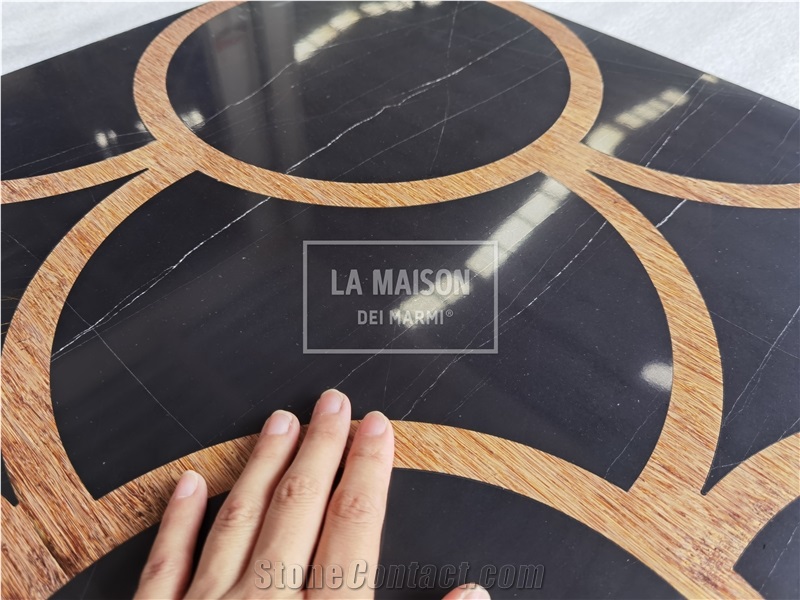 Black Marble Inlay Wood Waterjet Medallion For Interior