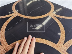 Black Marble Inlay Wood Waterjet Medallion For Interior