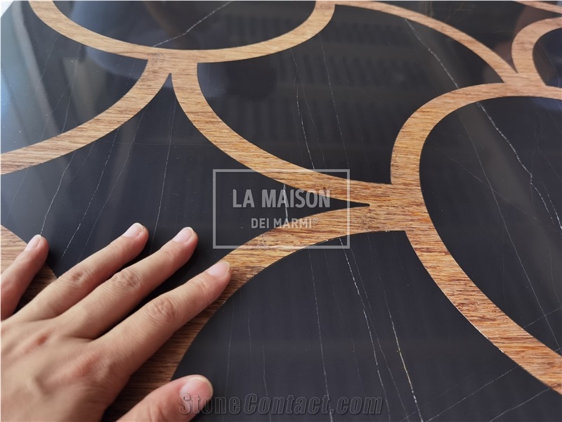 Black Marble Inlay Wood Waterjet Medallion For Interior