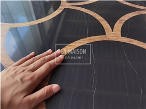 Black Marble Inlay Wood Waterjet Medallion For Interior