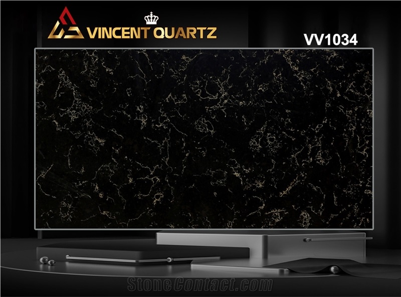 Vietnam Carrara Black Gold Veins Quartz Slabs VV1034