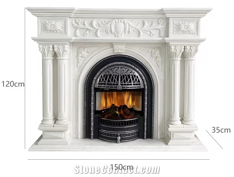 White Limestone Flower Hand Carved Fireplace Mantel