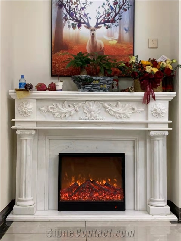 White Limestone Flower Hand Carved Fireplace Mantel