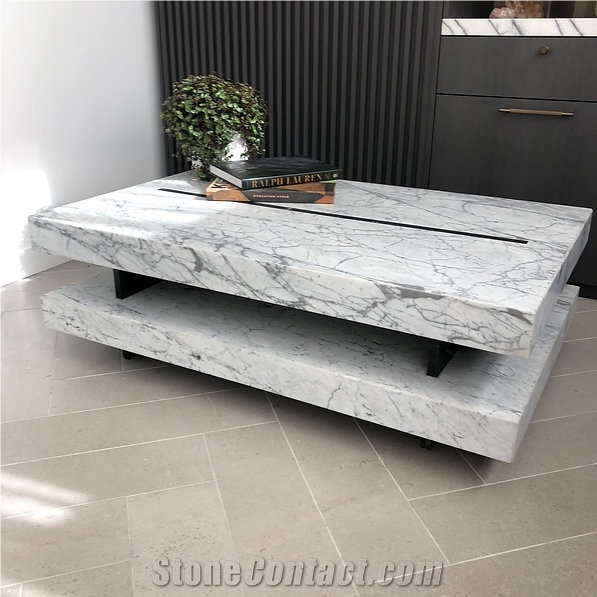 Italian Statuarietto Marble With Marquina Inlay Coffee Table