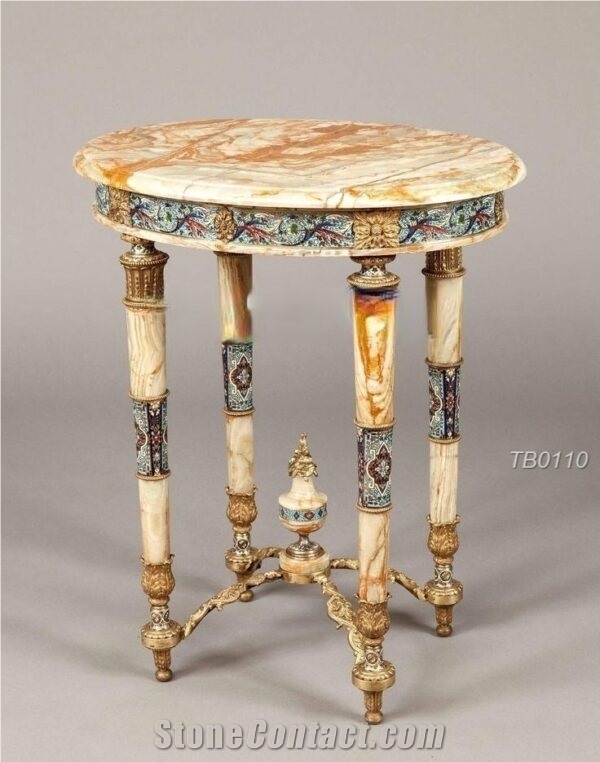 Multi Brown Onyx With Inlay Mosaic And Brass Coffee Table
