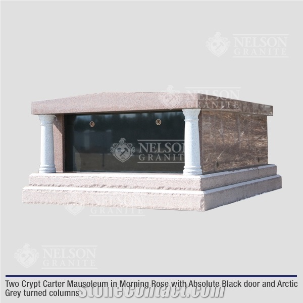 Two Crypt Carter Mausoleum In Morning Rose Granite With Absolute Black Door And Arctic Grey Turned Columns