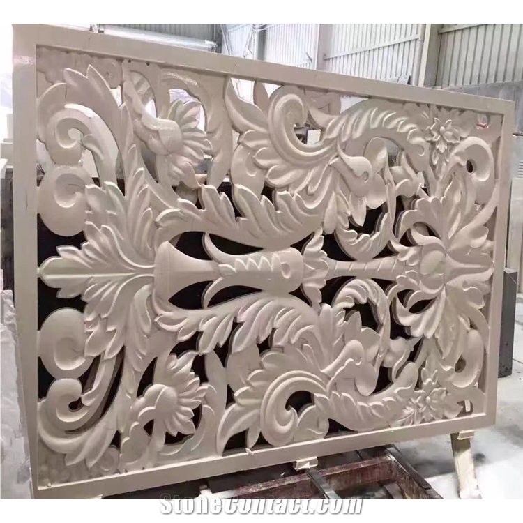 Beige Marble Ocean Wave Carved Decorative 3D Wall Relief