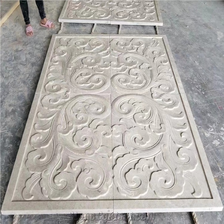 Beige Marble Ocean Wave Carved Decorative 3D Wall Relief