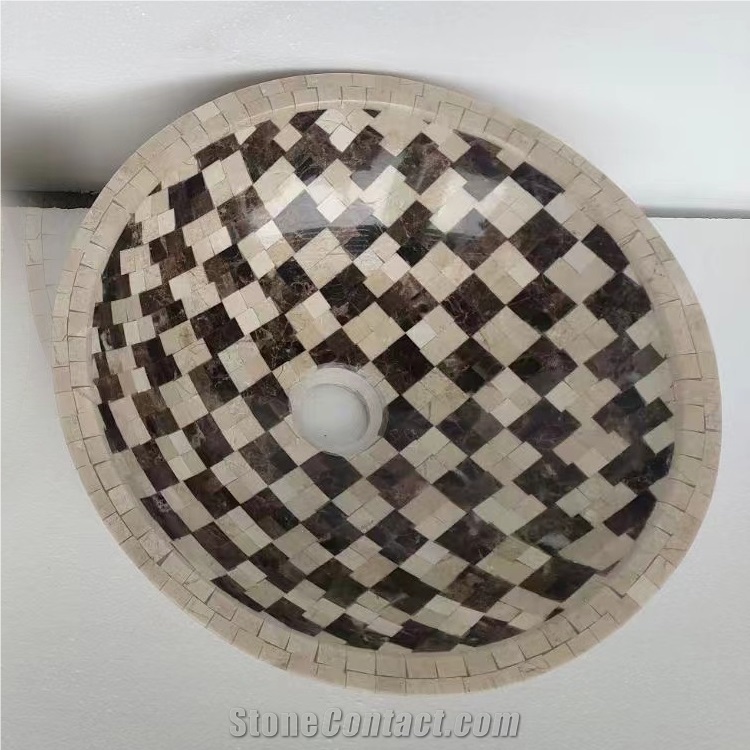 Dark Marble Mosaic Wash Basin Round Sink