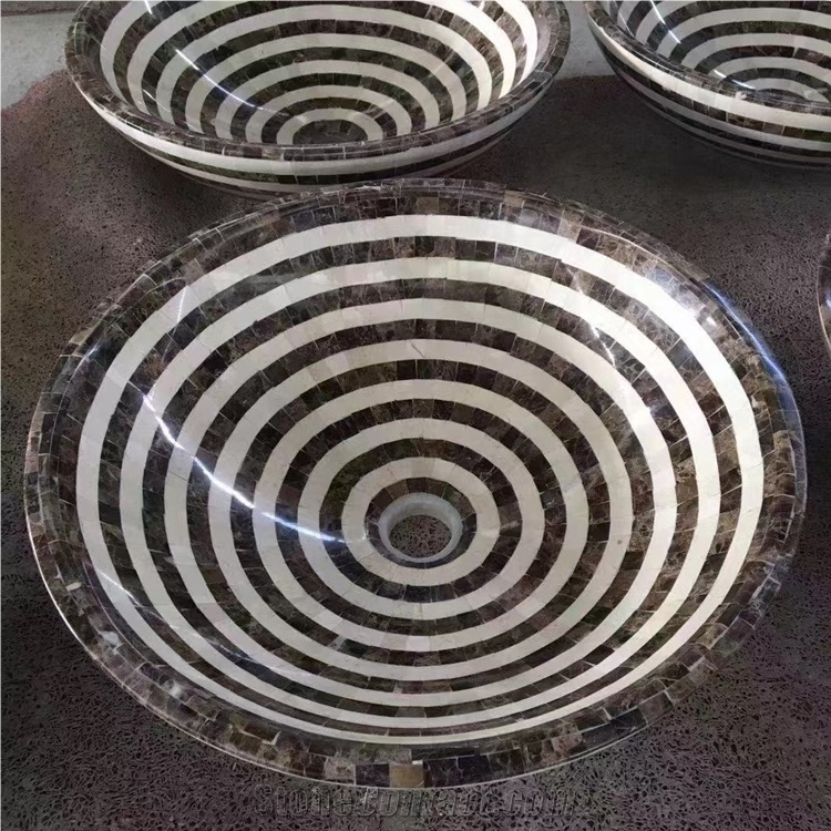 Dark Marble Mosaic Wash Basin Round Sink