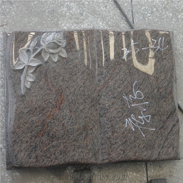 Red Granite Carving Rose Book Headstone