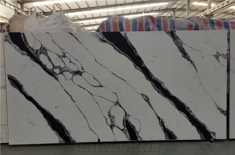 Polished Calacatta Carrara Panda White Quartz Slabs